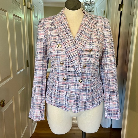 $219 NWT Talbots Multi Pink Blue White Plaid Tweed‎ Blazer Jacket Size 14 - Picture 6 of 8